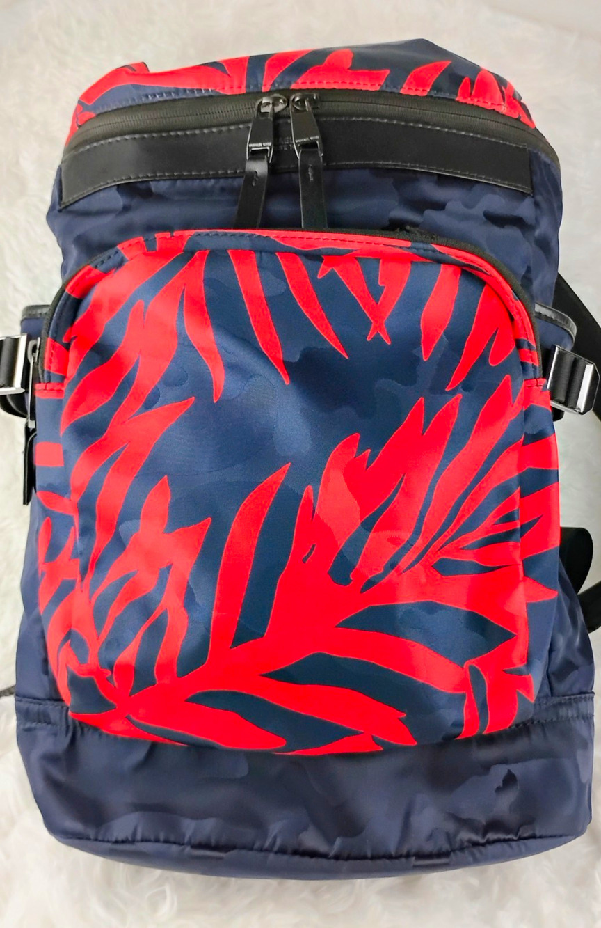 Michael Kors Backpack Blue Red Leaf Adjustable Straps Multi Zip Pockets Unisex